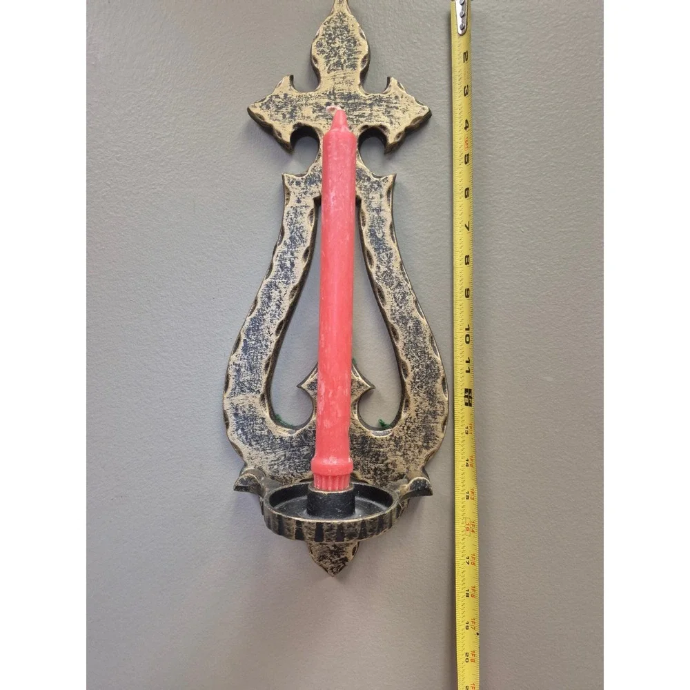 Vintage Gothic Cast Metal Wall Sconce Candle Holder Fleur De Lis Gold Black 17